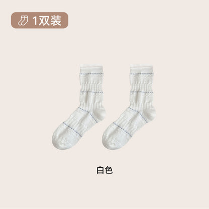 远润家秋冬韩系海盐蓝木耳花边中筒女袜复古百搭无骨堆堆棉袜
