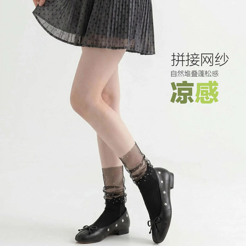 袜子女夏薄款烫钻轻奢风堆堆袜女透气轻薄网纱显瘦芭蕾风小腿袜