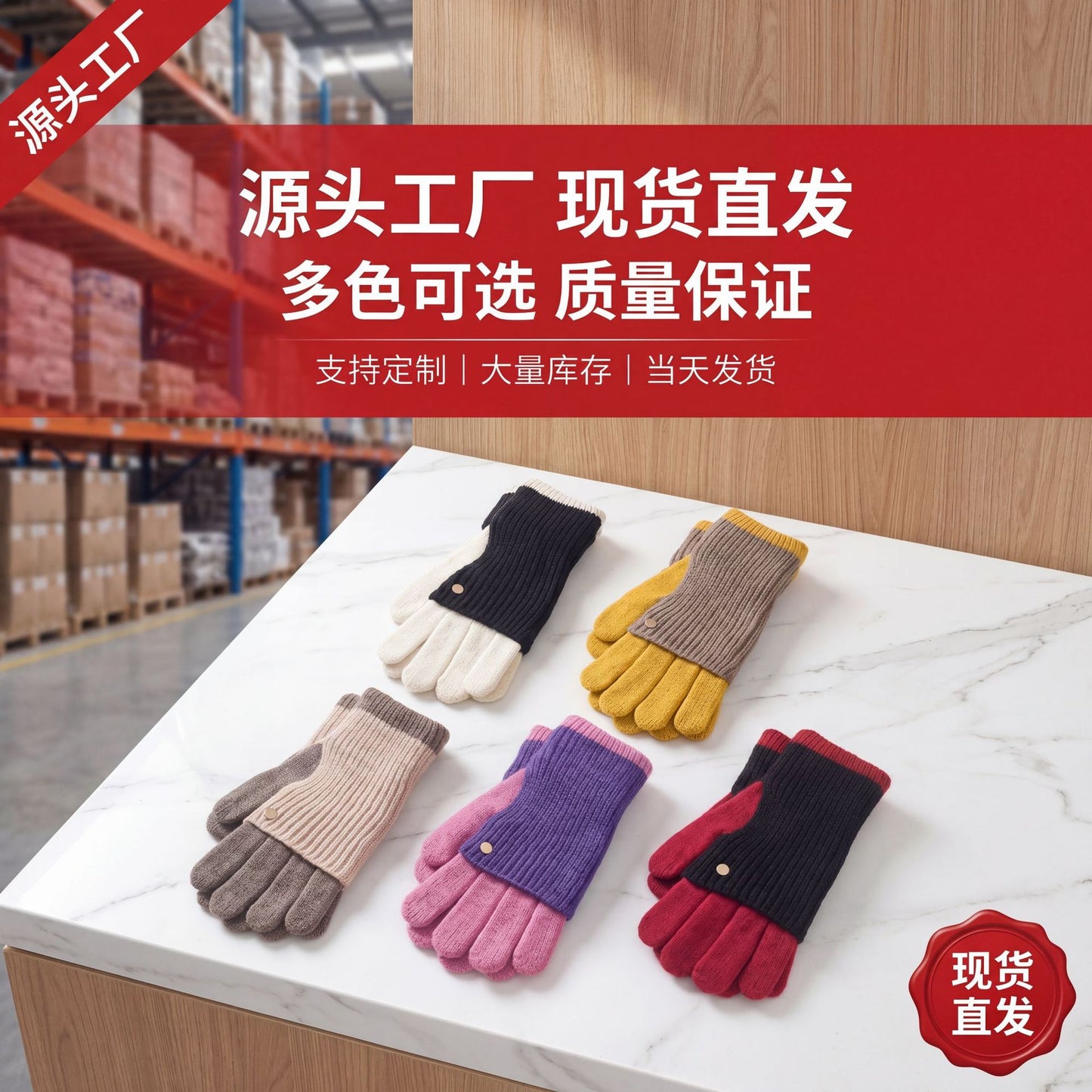 源头工厂纯色针织冬天女触屏加厚保暖防寒毛线手套女分指冬季手套