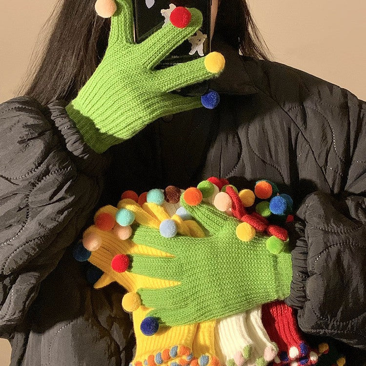 Gloving - Multicolor Pom-Pom Ribbed Gloves