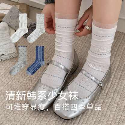 远润家秋冬韩系海盐蓝木耳花边中筒女袜复古百搭无骨堆堆棉袜