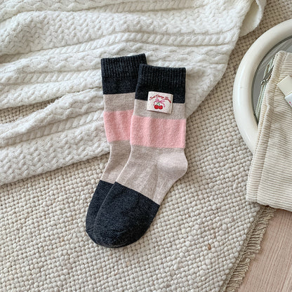 袜子女秋冬季暖云绒蝴蝶结加绒羊毛中筒袜居家保暖蝴蝶结月子袜