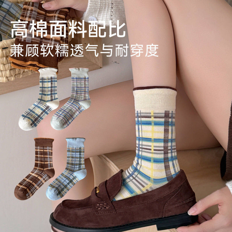 远润家日系复古格子条纹袜子中筒女秋冬新款百搭无骨堆堆袜
