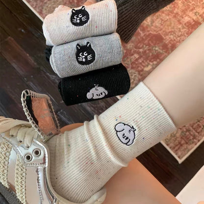 可爱卡通袜子女生秋季纯棉中筒袜ins潮小狗刺绣长袜点子纱堆堆袜