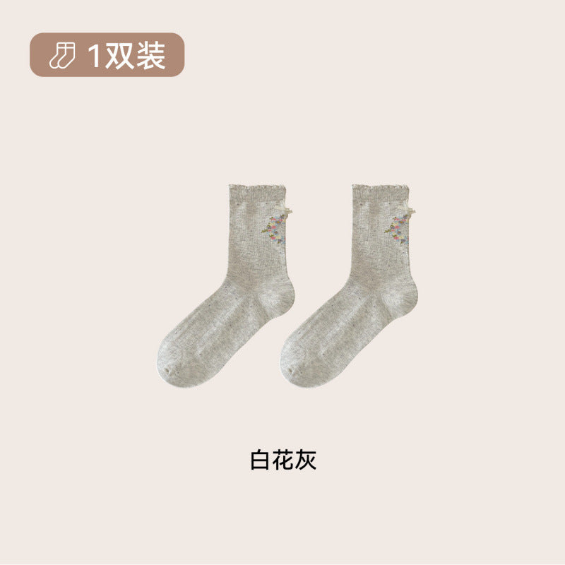 远润家秋冬小清新复古小花中筒袜子女秋少女风无骨堆堆女袜