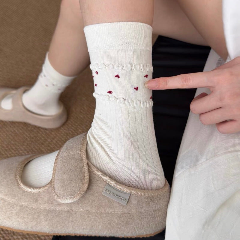 Rufia - Ribbed Cuff with Scalloped Trim Crew-Length Socks