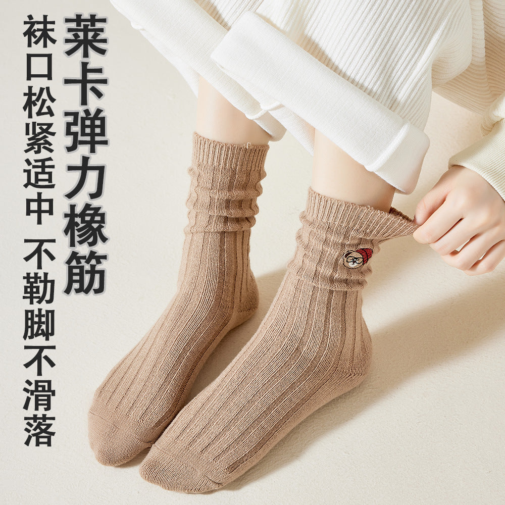 羊毛袜双针加厚保暖袜子女秋冬季撞色中筒堆堆袜地板袜百搭