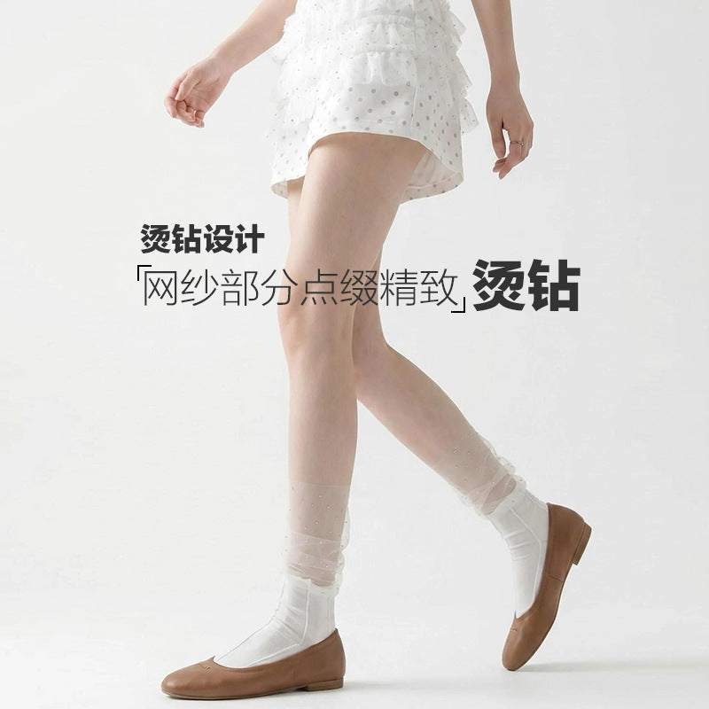 袜子女夏薄款烫钻轻奢风堆堆袜女透气轻薄网纱显瘦芭蕾风小腿袜