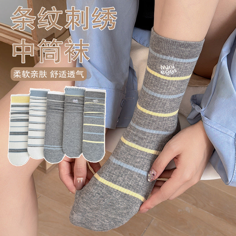 女士条纹中筒袜可爱刺绣无骨堆堆袜春秋棉袜舒适亲肤休闲百搭款