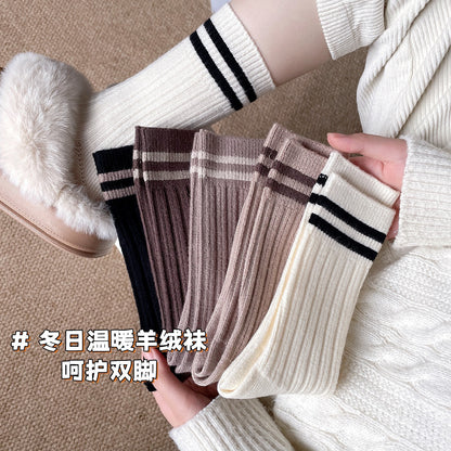 羊绒袜女秋冬季中筒加绒加厚保暖日系纯色粗条冬天羊绒堆堆长袜