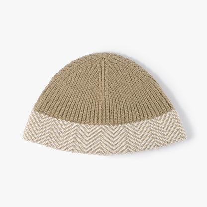 Khaki herringbone cuff textured knit beanie product view