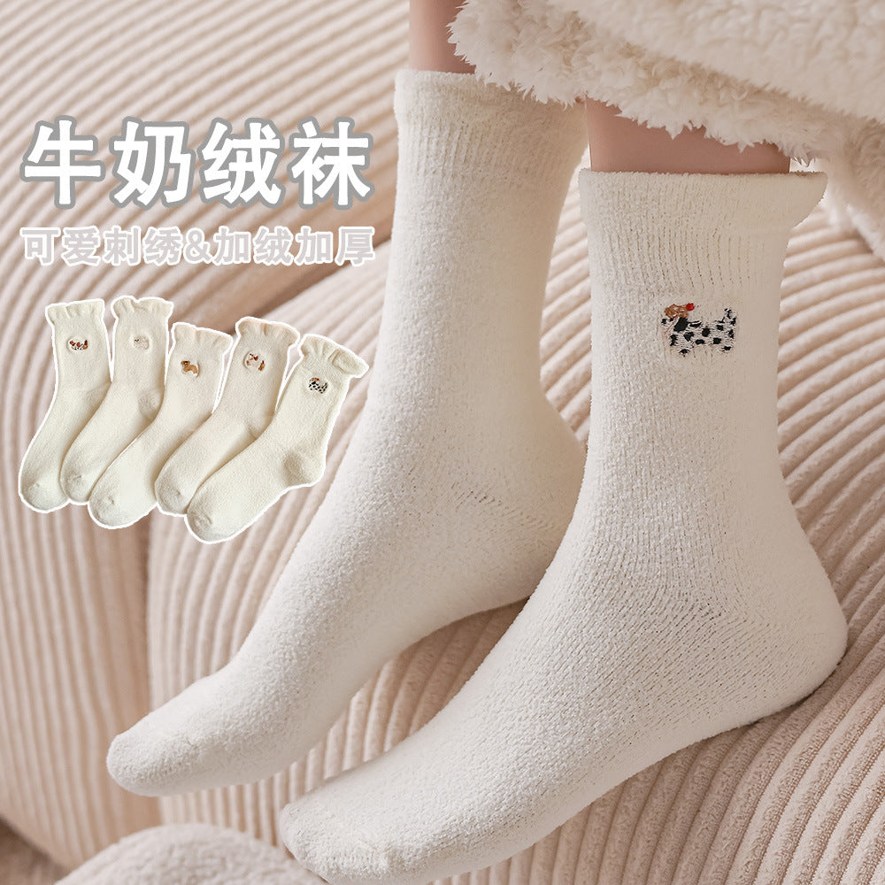软糯细腻牛奶绒袜子女秋冬加厚保暖刺绣花边堆堆袜可爱中筒堆堆袜