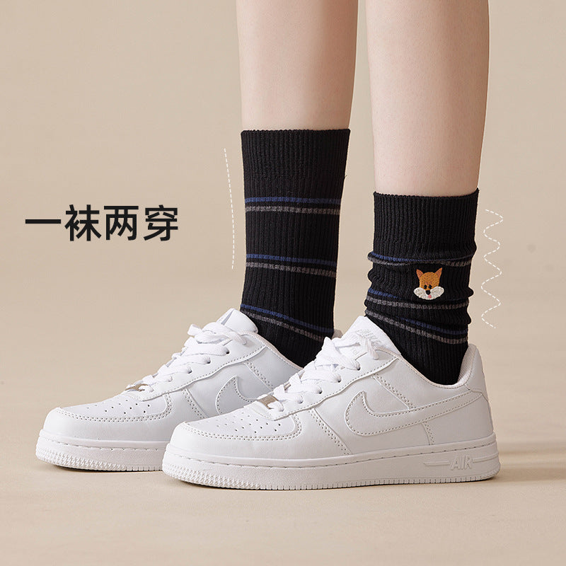 堆堆袜子女秋冬新款可爱卡通刺绣中筒袜百搭条纹双针无骨透气棉袜