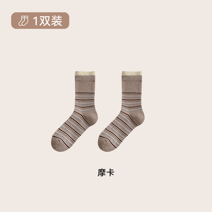 CHEEMY FREE秋冬韩系拼色横条纹中筒袜子女miu风无骨双罗口堆堆袜
