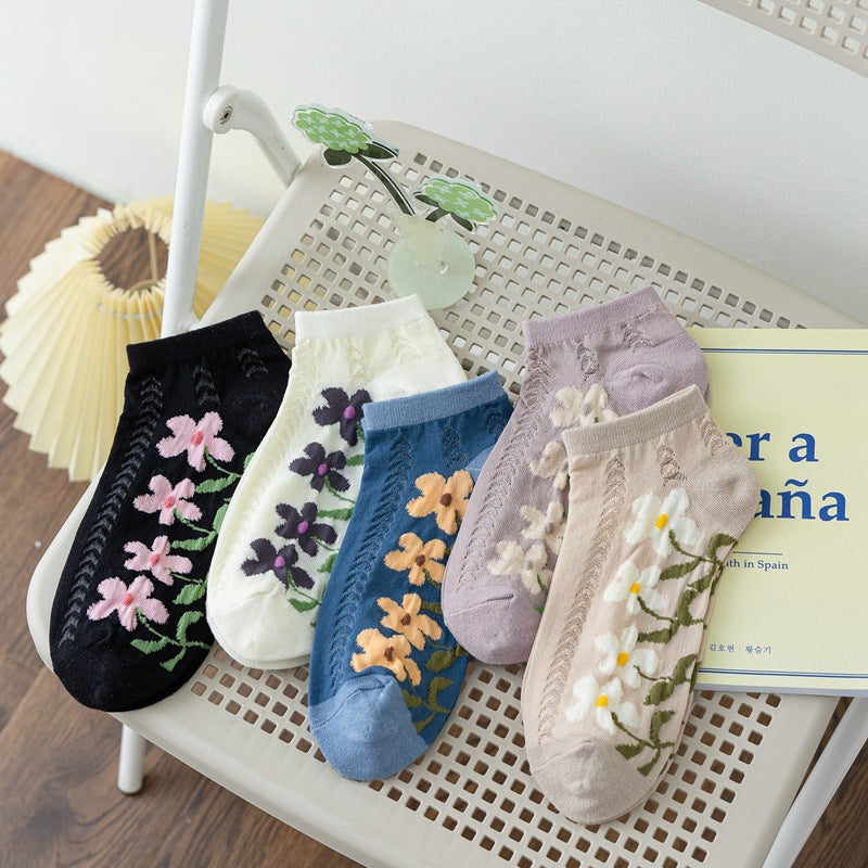 春夏新品日系复古鱼骨纹大花朵甜美女船袜ins时尚棉质短筒袜子
