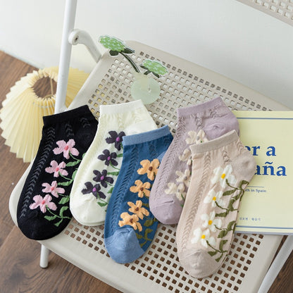 春夏新品日系复古鱼骨纹大花朵甜美女船袜ins时尚棉质短筒袜子