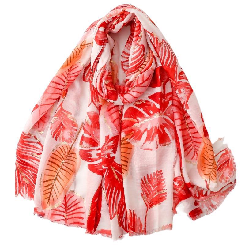 Red tropical leaf foil wrap scarf detail view