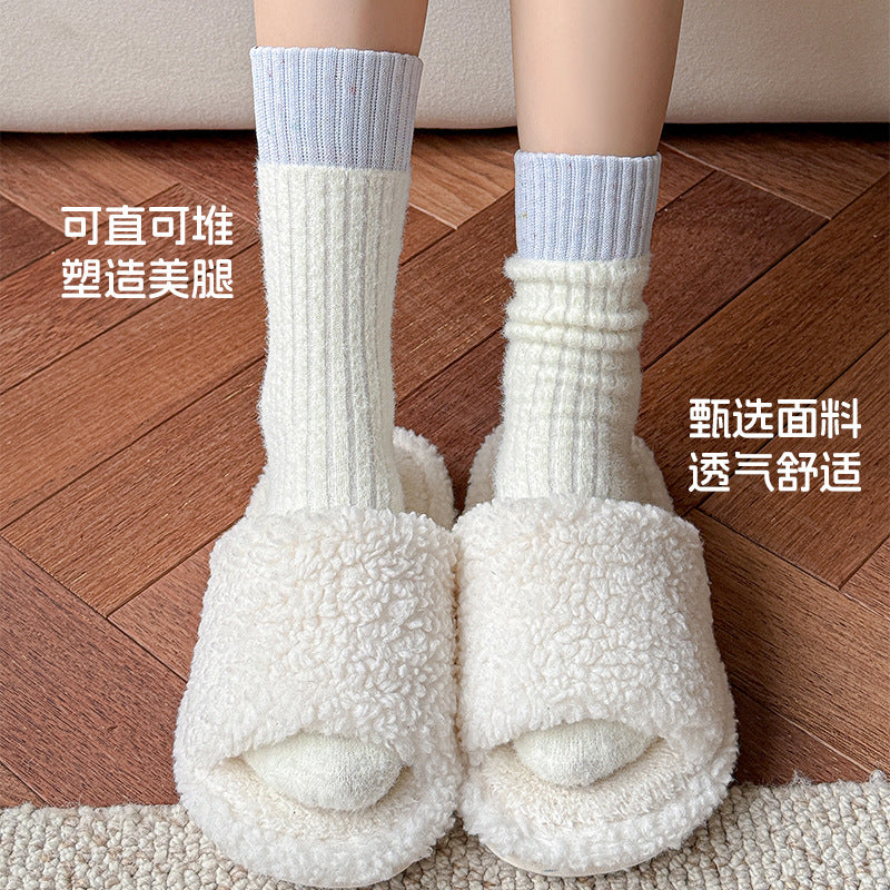 阿程家批发超柔澳绒秋冬加绒加厚保暖中筒马卡龙拼色百搭女袜堆堆