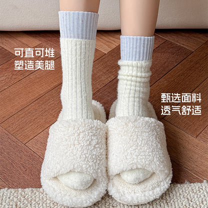 阿程家批发超柔澳绒秋冬加绒加厚保暖中筒马卡龙拼色百搭女袜堆堆