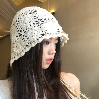 日系手工编织镂空花朵包头帽女春夏薄款透气氛围感显脸小套头帽子