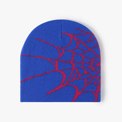 Blue spiderweb graphic brimless knit beanie product view