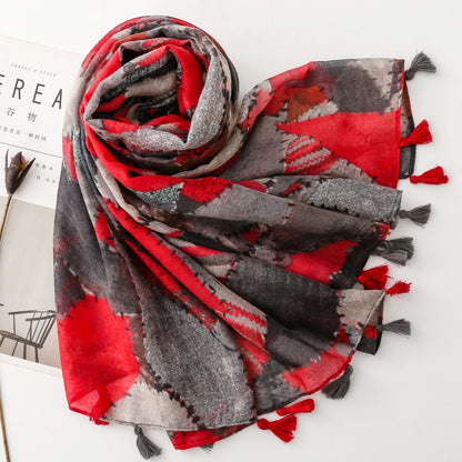 Mosaic Red Gray Geometric Mosaic Tassel Scarf, product detail view