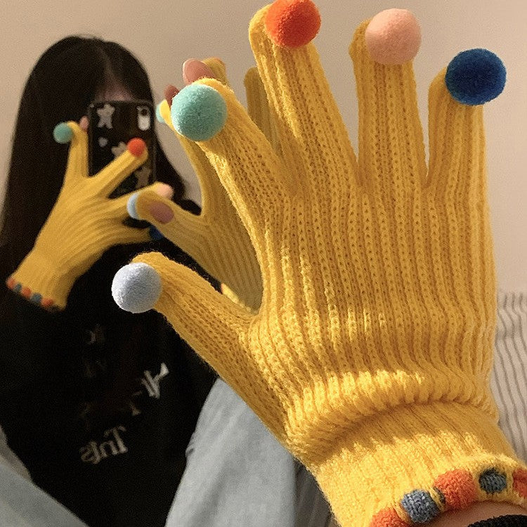 Gloving - Multicolor Pom-Pom Ribbed Gloves