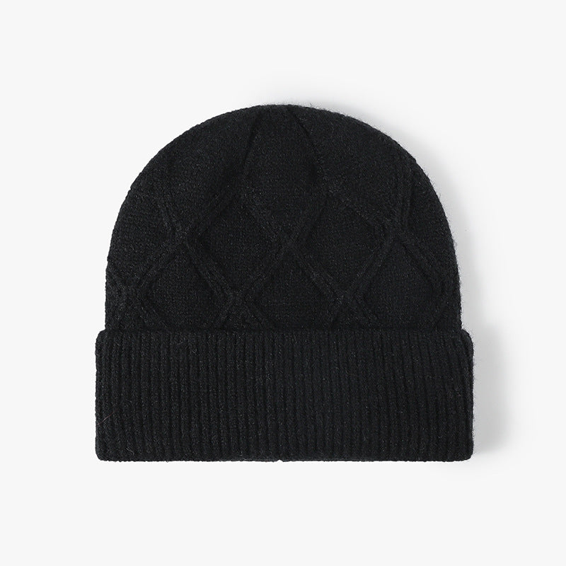 Black cable diamond faux rabbit knit beanie product view