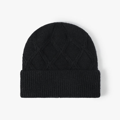 Black cable diamond faux rabbit knit beanie product view