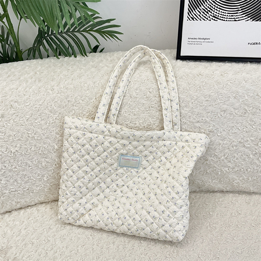 Cosbai - Floral Quilted Tote Bag with Cartoon Pattern