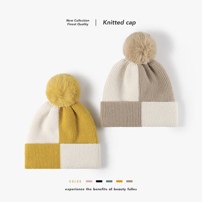 Pink colorblock fleece-lined pom-pom beanie product view