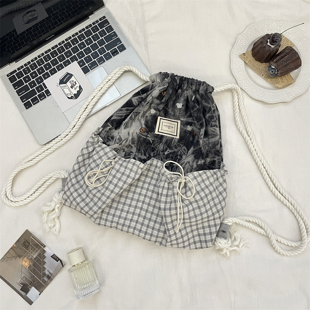 Cosbai – Plaid & Denim Drawstring Backpack