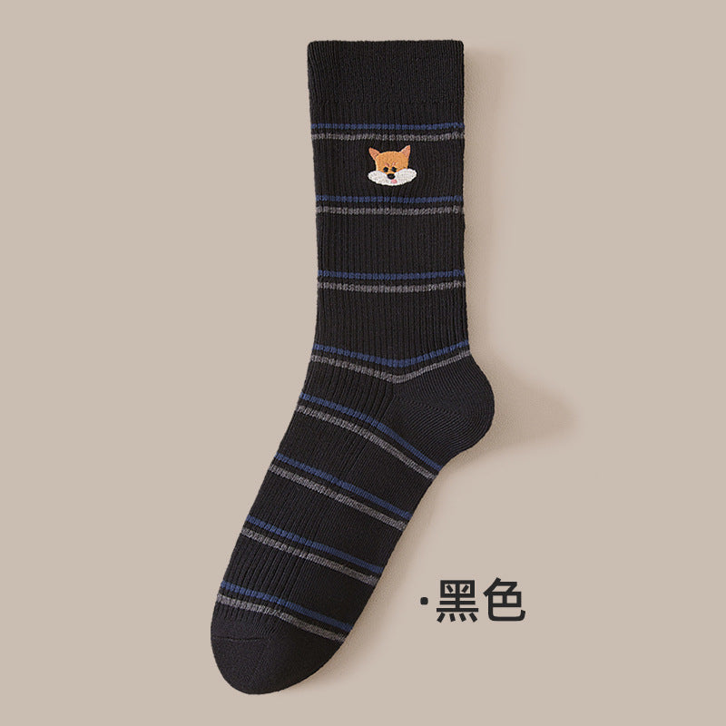 堆堆袜子女秋冬新款可爱卡通刺绣中筒袜百搭条纹双针无骨透气棉袜