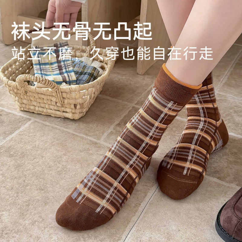 远润家日系复古格子条纹袜子中筒女秋冬新款百搭无骨堆堆袜