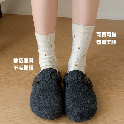 复古小碎花羊毛袜子女2025秋冬新款文艺中筒袜潮保暖无骨堆堆袜女