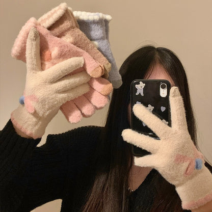 蝴蝶结分指手套女冬季ins加绒加厚毛绒保暖骑行针织可爱少女潮