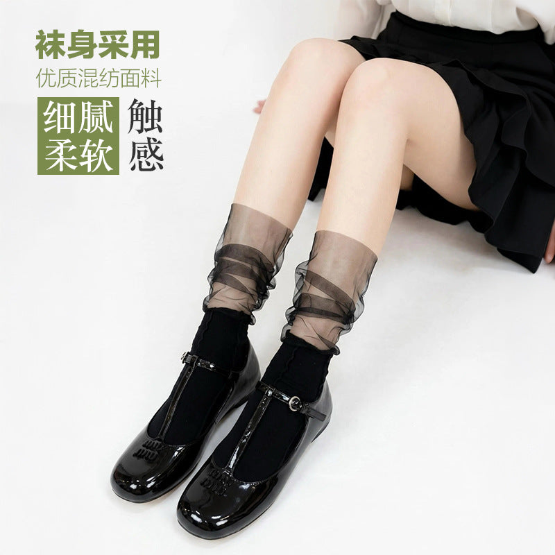 Rufia - Gathered Sheer Mesh Mid-Calf Socks
