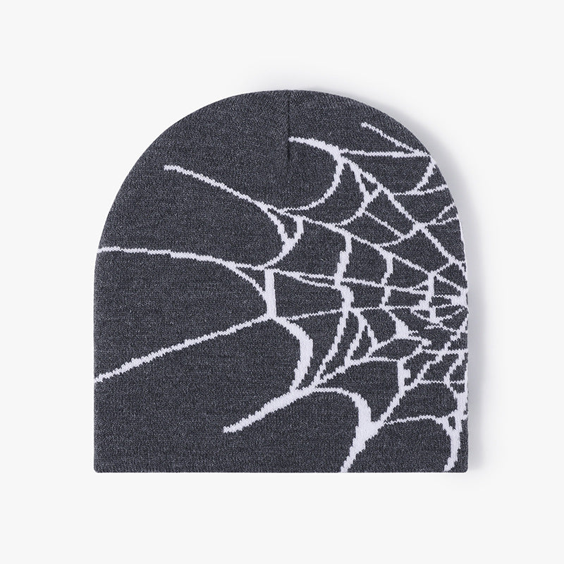 Dark Gray spiderweb graphic brimless knit beanie product view