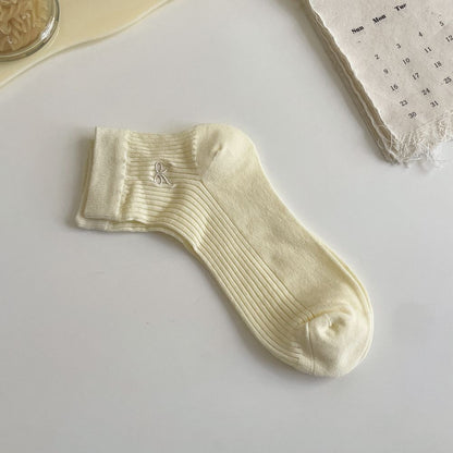 袜子女夏季薄款镂空透气网眼刺绣蝴蝶结短袜棉袜ins潮竖条百搭