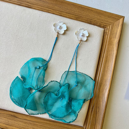 Teal Sheer Floral Tassel Earrings