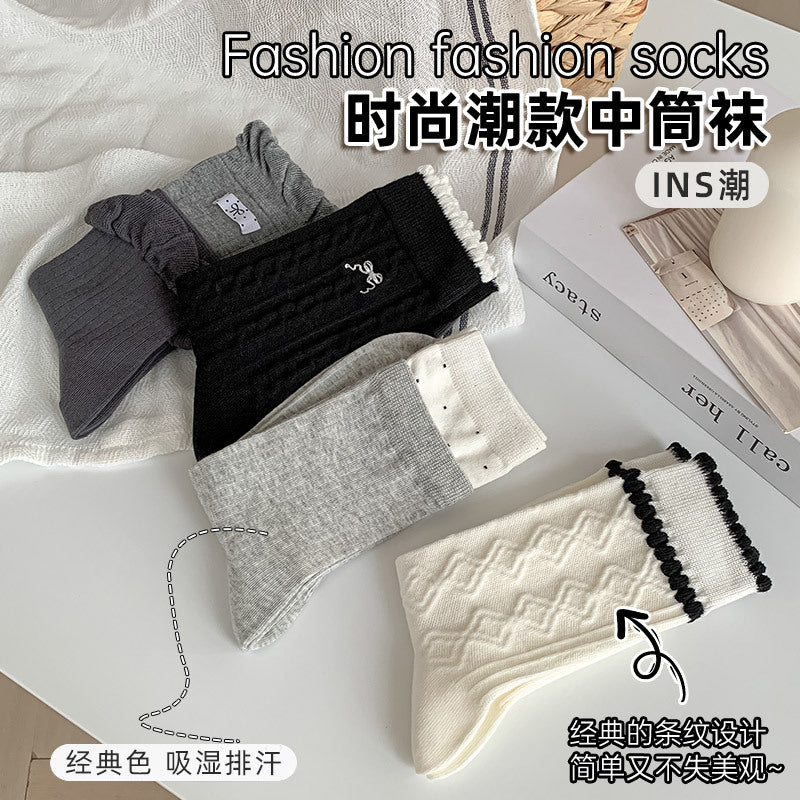 CHEEMY FREE秋冬新韩系公主风立体花边中筒袜子女布标简约堆堆袜