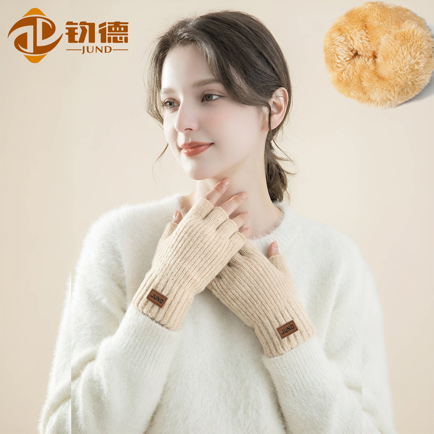 女士加厚漏指手套秋冬季针织加绒半截防寒写字保暖双层半指手套