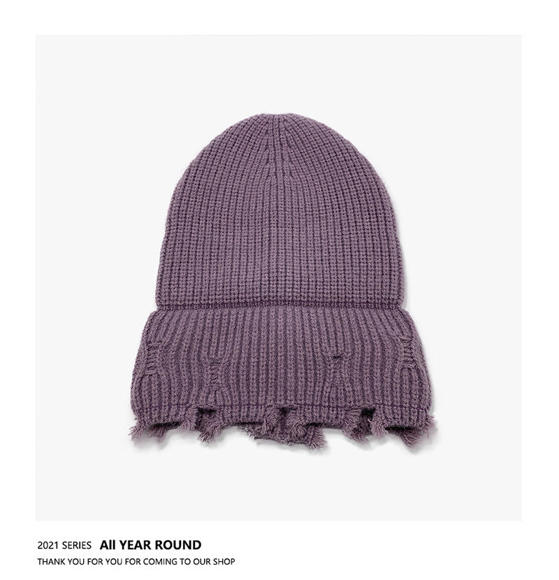 Haila - Solid Color Distressed Frayed Knitted Hat for Women