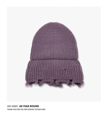 Haila - Solid Color Distressed Frayed Knitted Hat for Women