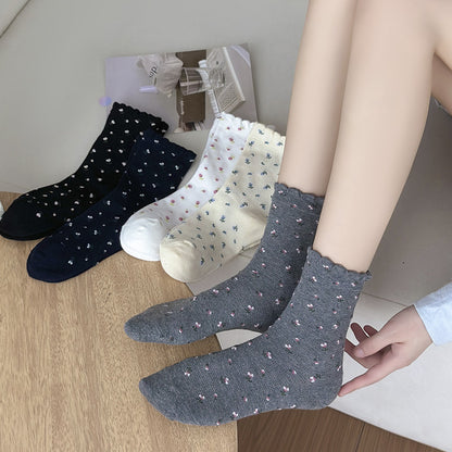 甜美风泡泡口花边小碎花纯棉中筒袜女春秋季堆堆袜日系少女感袜子