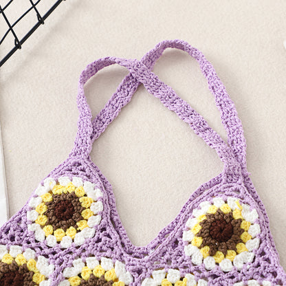 Cosbai Bohemian Sunflower Crochet Bag hanging with sunflower motif visible