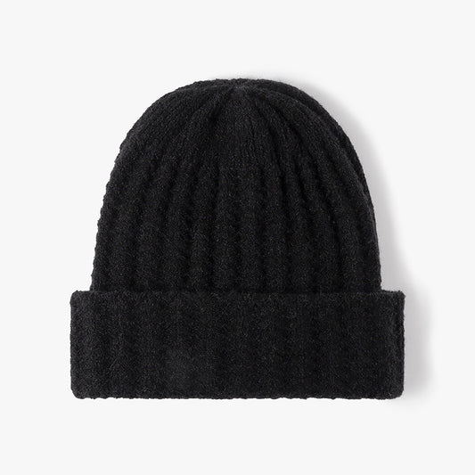Black fuzzy textured rib knit cuffed beanie