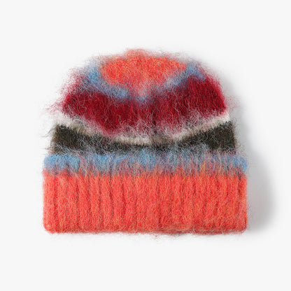 Orange fuzzy multicolor striped cuffed beanie product view