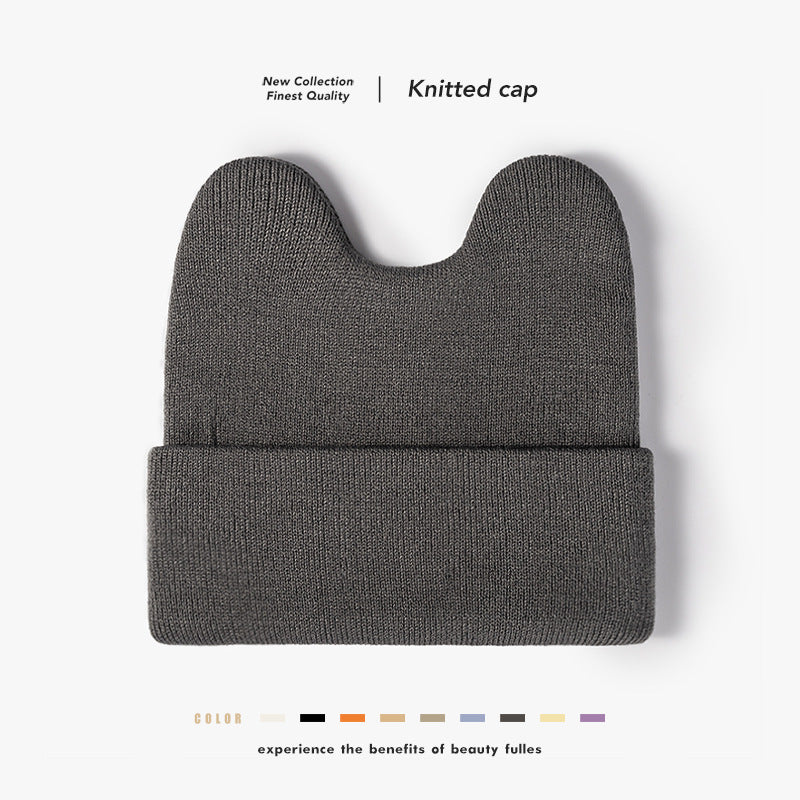 Gray rounded ear cuffed knit beanie overview