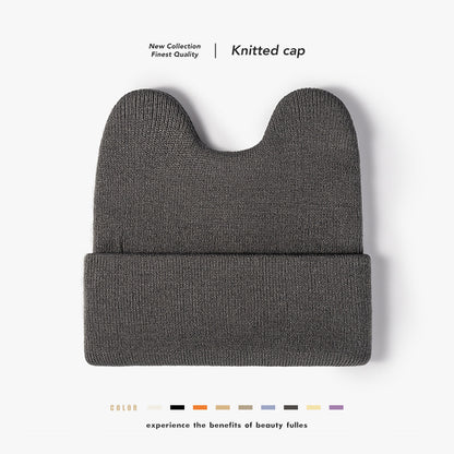 Gray rounded ear cuffed knit beanie overview